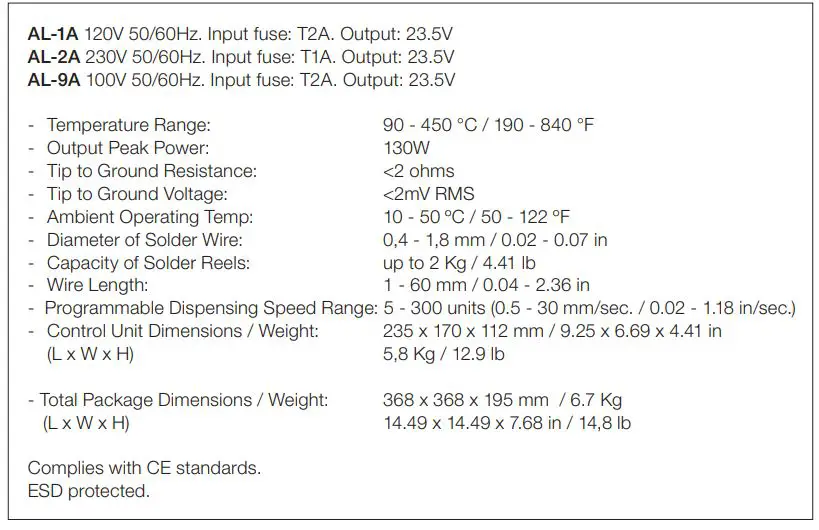 JBC AL-9A 100V Auto-Feed Soldering Station - Specifications