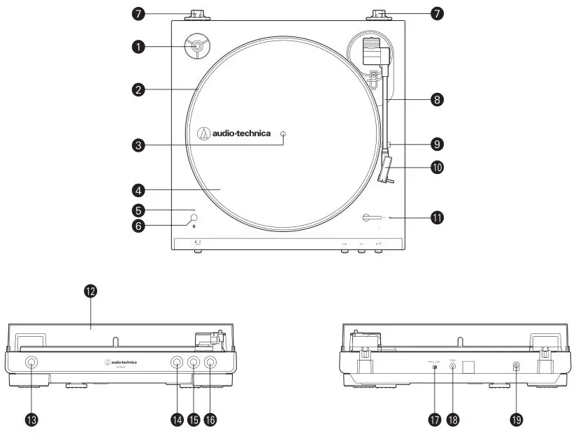 Automatic Wireless Turntable AT-LP60XBT - Part names and functions