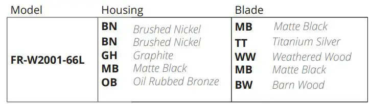 MODERN FORMS FR-W2001-66L 66 Inch Ceiling Fan User Manual - ORDER NUMBER