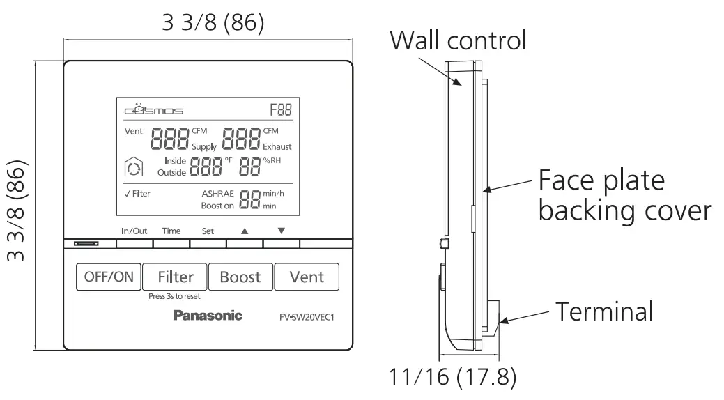 Panasonic FV-SW20VEC1 LCD Wired Wall Control Pane Dimension