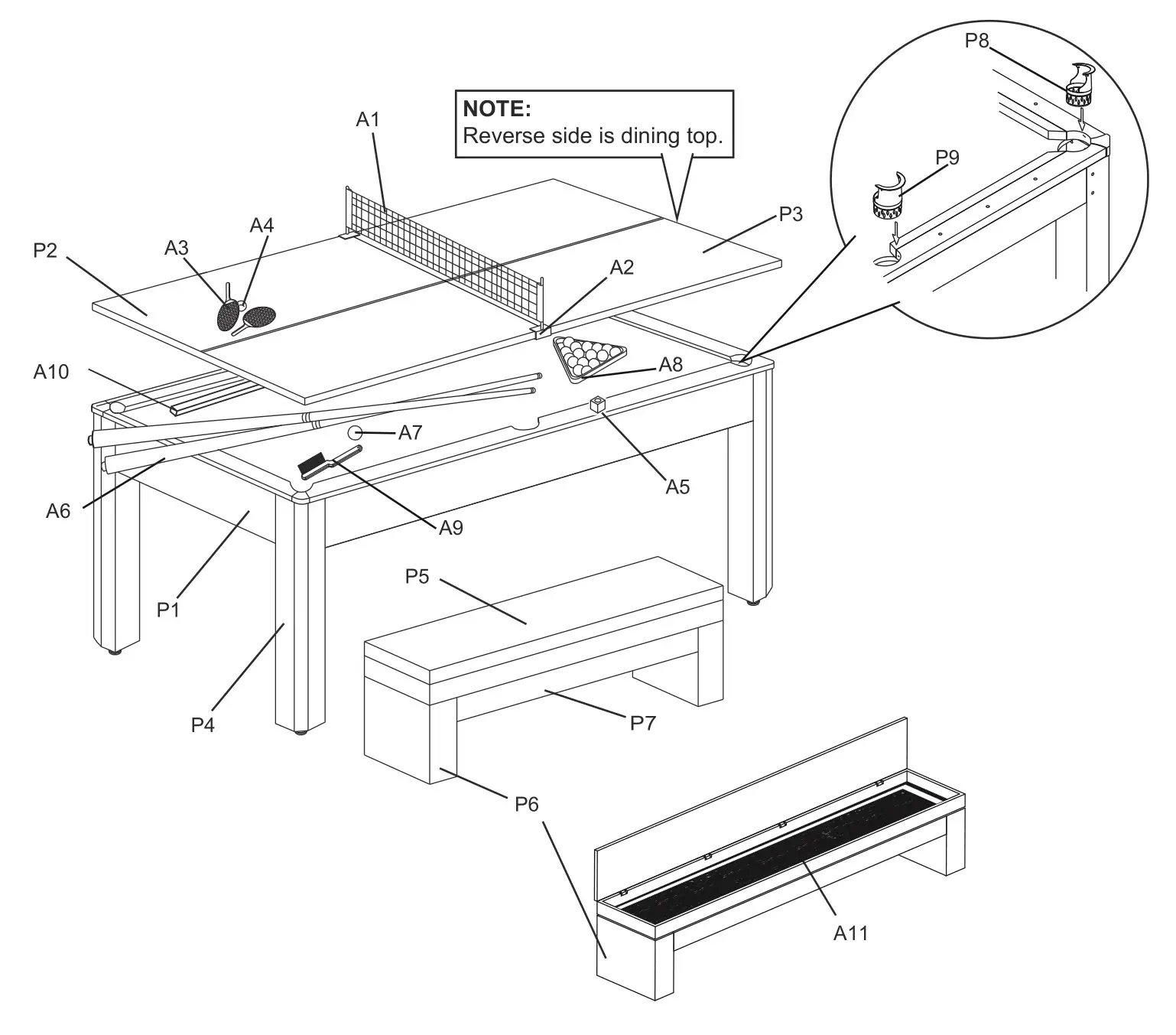 Atomic G05302F 3in1 Dining Pool Table - 3 IN 1 BILLIARD,TABLE TENNIS,DINING TABLE Parts List