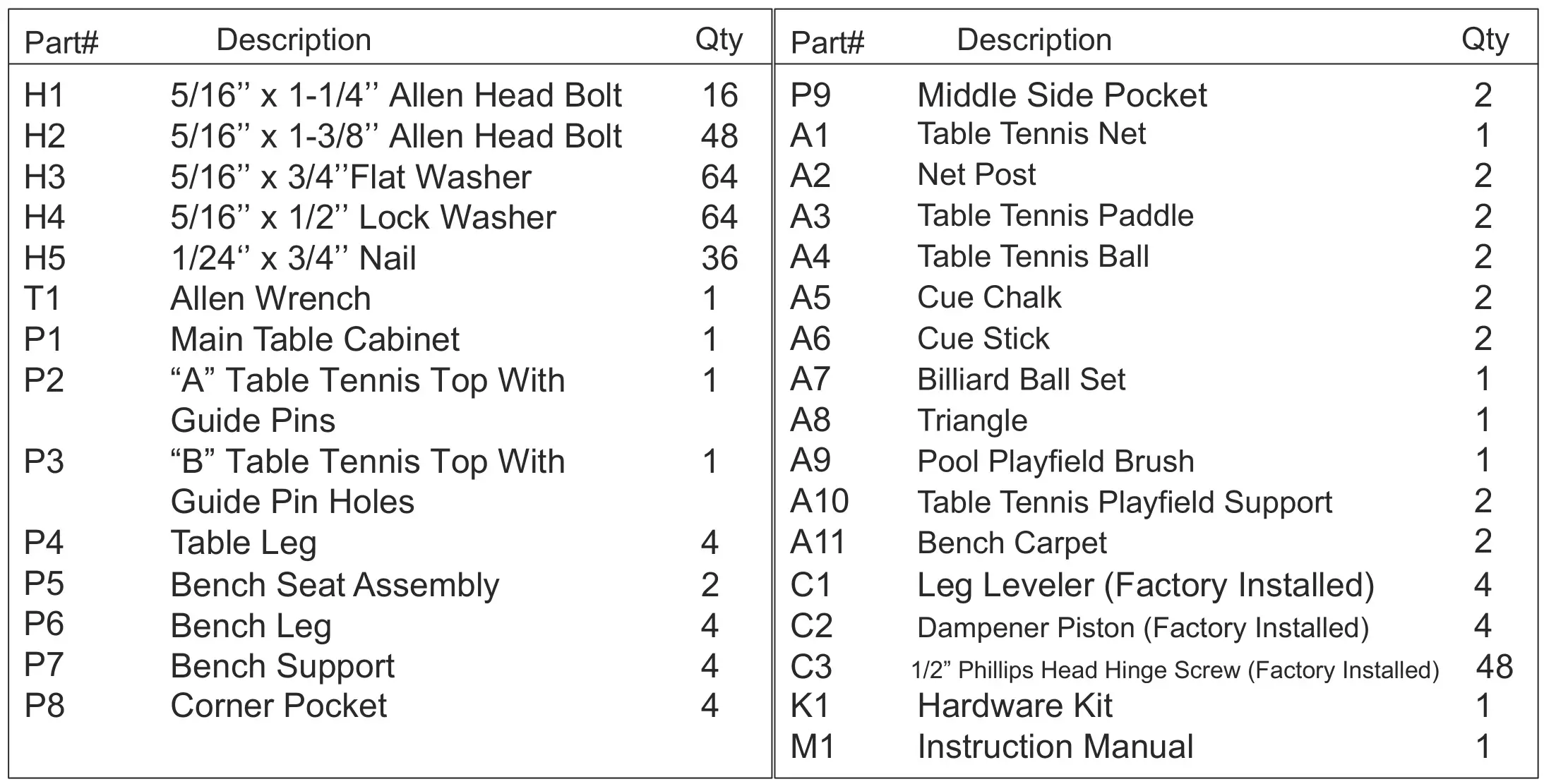 Atomic G05302F 3in1 Dining Pool Table - product and parts list