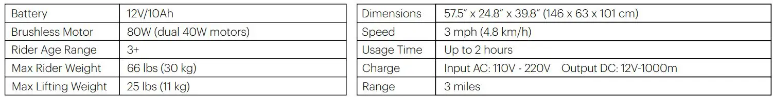 HOVER-1 H1-FLFT Forklift Instruction Manual - SPECIFICATIONS