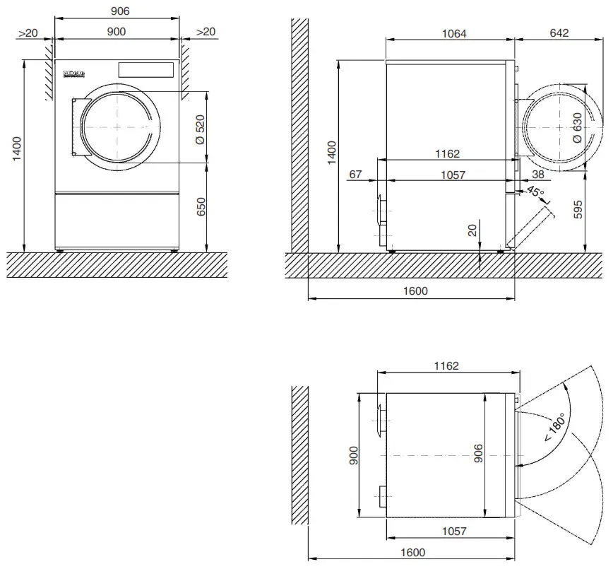 Miele PDR 922 522 EL Commercial Dryer - Dimensions