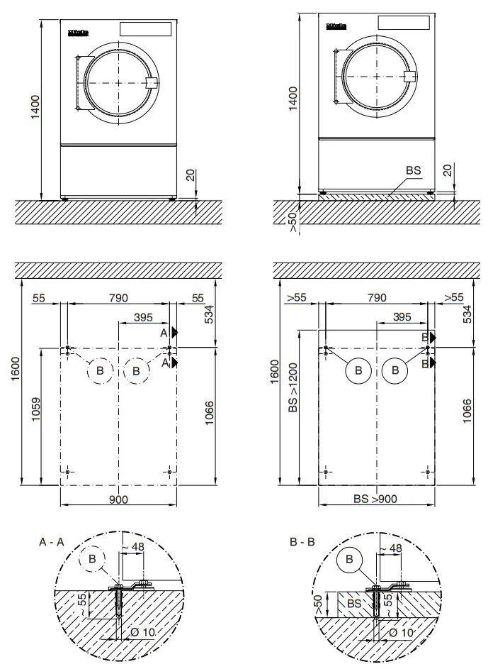 Miele PDR 922 522 EL Commercial Dryer - concrete plinth