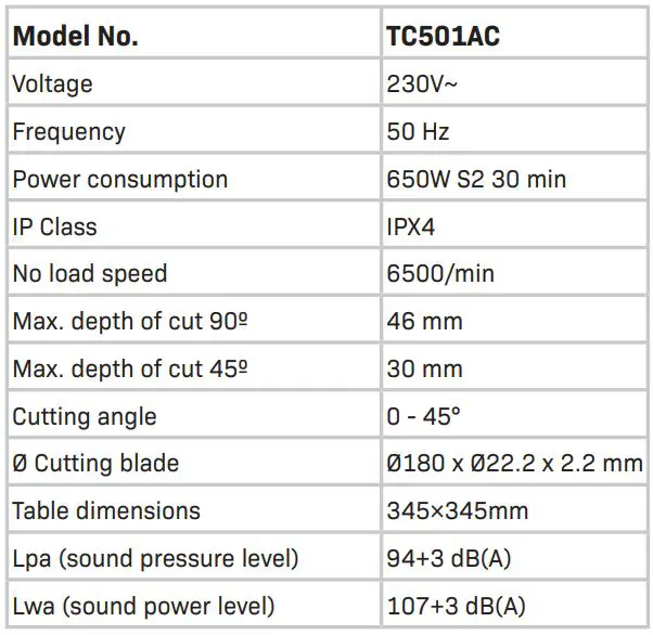 VONROC TC501AC Tile Cutter Instruction Manual - TECHNICAL SPECIFICATIONS