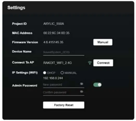 artsound Smart Zone 4 AMP - SETTINGS INTERFACE