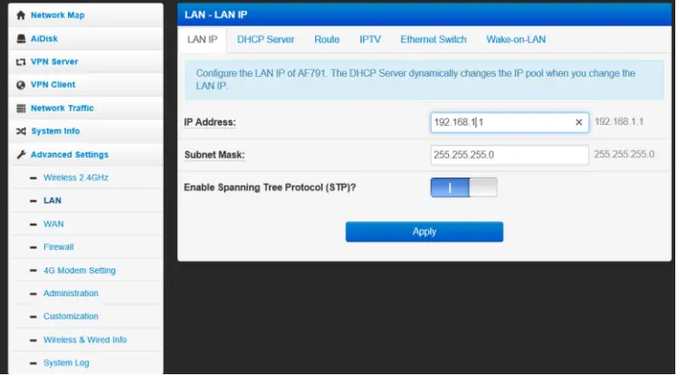 YUCHENG AF791 4G Router Module Instruction - LAN setting