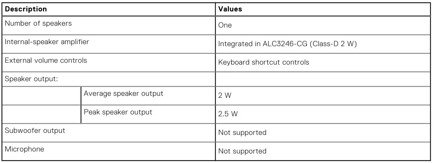 DELL OptiPlex 3000 Tower - Table 11. Audio specifications 2