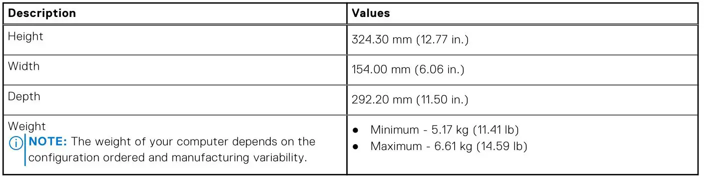 DELL OptiPlex 3000 Tower - Table 2. Dimensions and weight