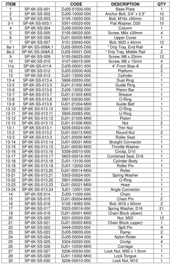 Single Post Storage Lift SP-6K-SS - SP-6K-SS Parts list 1