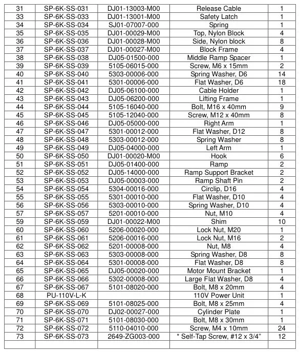 Single Post Storage Lift SP-6K-SS - SP-6K-SS Parts list 2