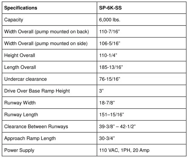 Single Post Storage Lift SP-6K-SS - SPECIFICATIONS
