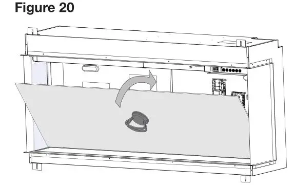 1. Attach the provided suction cup to the reflective
side of the mirrored glass. Ensure the suction cup is
securely attached.
2. Using the suction cup to assist, lift the mirrored glass
and place it into the bottom slot at an angle.
3. Tilt the mirrored glass into a vertical position.
(Figure 20)
4. Install the mirrored glass brackets to hold the glass in
place using the provided black screws. (Figure 21)