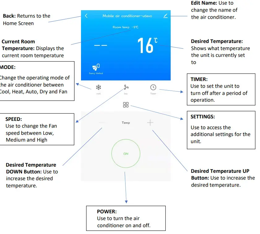 electriQ P12HPW 12,000 BTU Portable Air Conditioner with Heatpump and Wifi - DEVICE SCREEN
