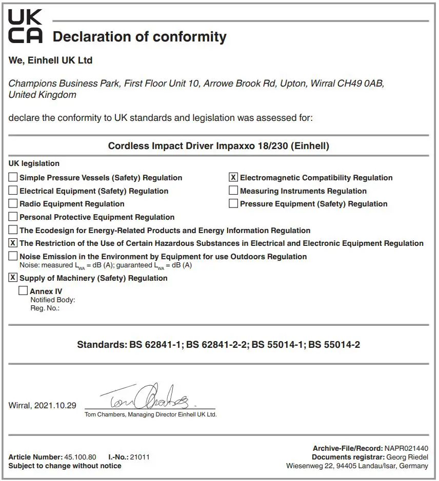 Einhell IMPAXXO 18 230 Cordless Hammer Screwdriver User Manual - Declaration of conformity
