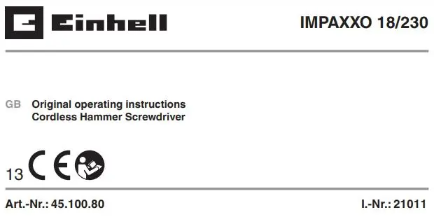 Einhell IMPAXXO 18 230 Cordless Hammer Screwdriver User Manual