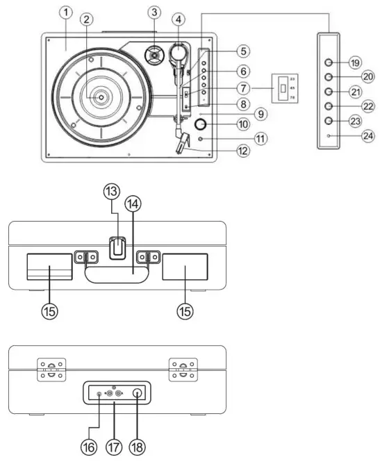 ClassicPhono TT 120 Turntable with Bluetooth Reception Built in Speakers and Rechargeable Battery - Location of Controls