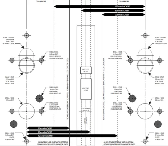 FOLD ALONG DOTTED LINE AND ALIGN TEMPLATE WITH EDGE OF DOOR