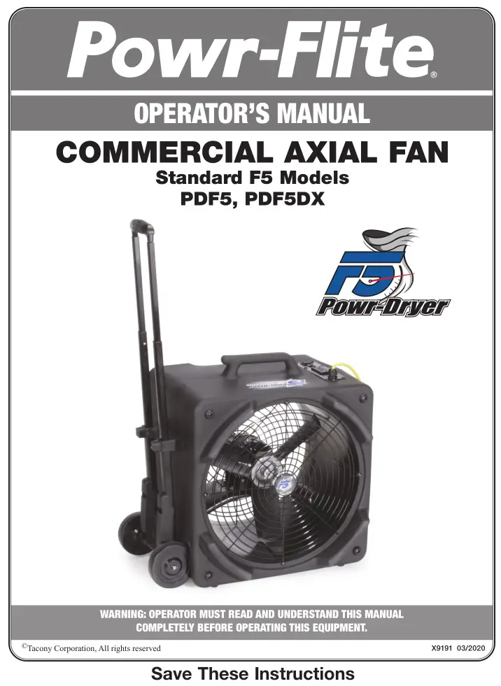 Power-Flite Commercial Axial Fan Standard F5 Instruction Manual