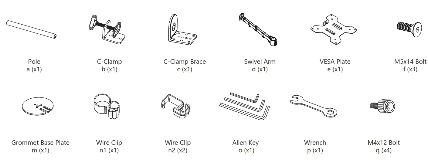 WALI Laptop Tray Desk Mount - Supplied Parts List