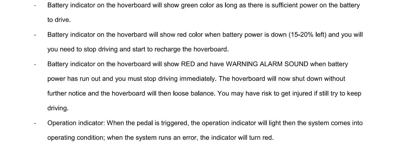 Denver HBO-6620 Hoverboard - Battery & operation indicators