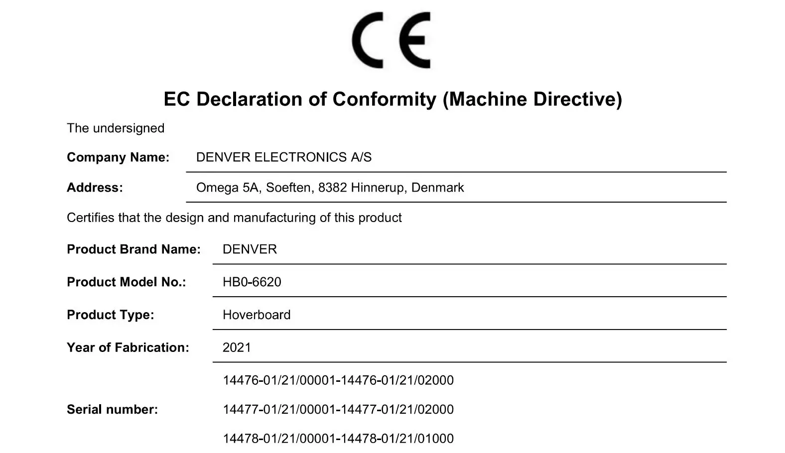 Denver HBO-6620 Hoverboard - Declaration