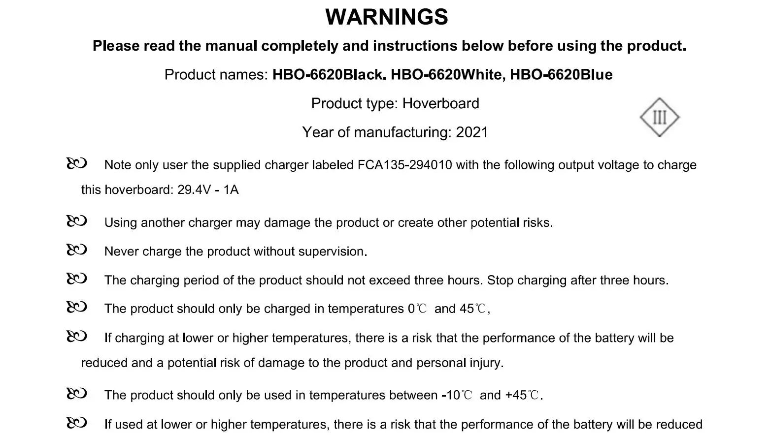Denver HBO-6620 Hoverboard - Main Warnings