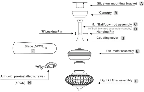 COSTWAY ES10055US 52 Inch Ceiling Fan Lamp - Canopy