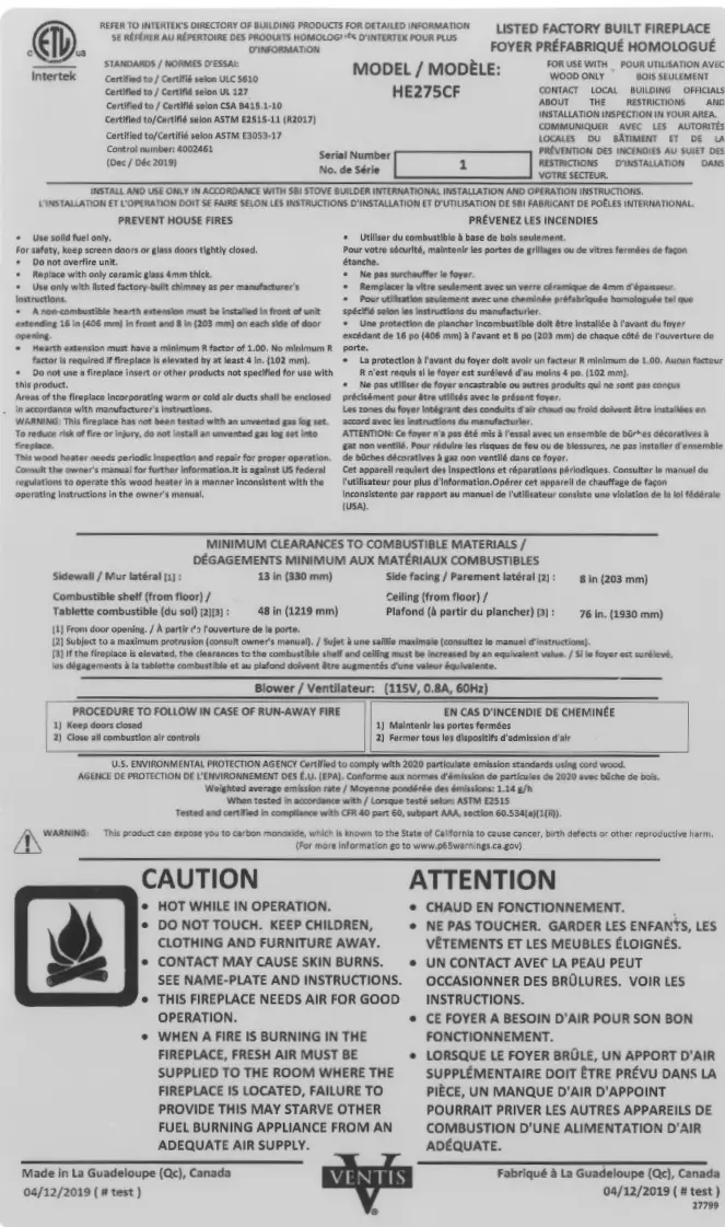 Ventis HE275CF Wood Fireplace VB00017 - CERTIFICATION PLATE