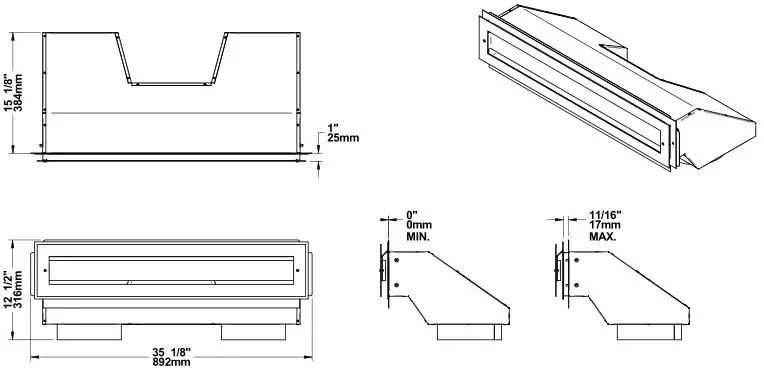 Ventis HE275CF Wood Fireplace VB00017 - Dimensions of assembled heat distribution box and adjustable decorative plate