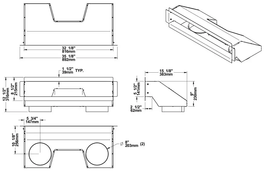 Ventis HE275CF Wood Fireplace VB00017 - Dimensions of heat distribution box