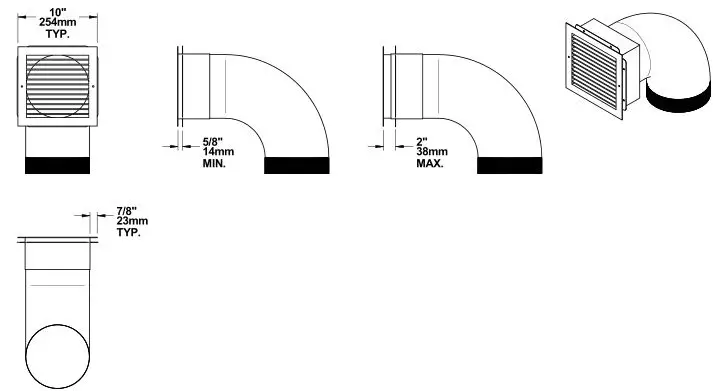 Ventis HE275CF Wood Fireplace VB00017 - Dimensions of hot air outlet decorative grille with elbow