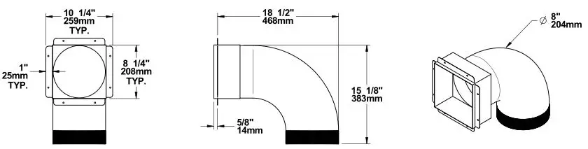 Ventis HE275CF Wood Fireplace VB00017 - Dimensions of hot air outlet frame with elbow