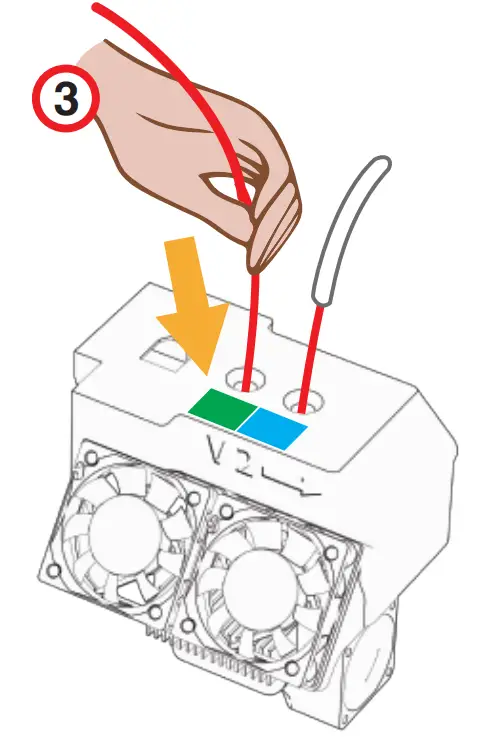 Press “2” button to switch
to Extruder 2 and feed the
filament.