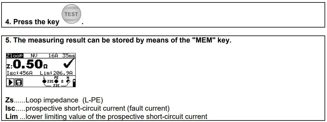 BENNING IT 130 TRUE RMS Installation Tester User Guide - Loop impedance