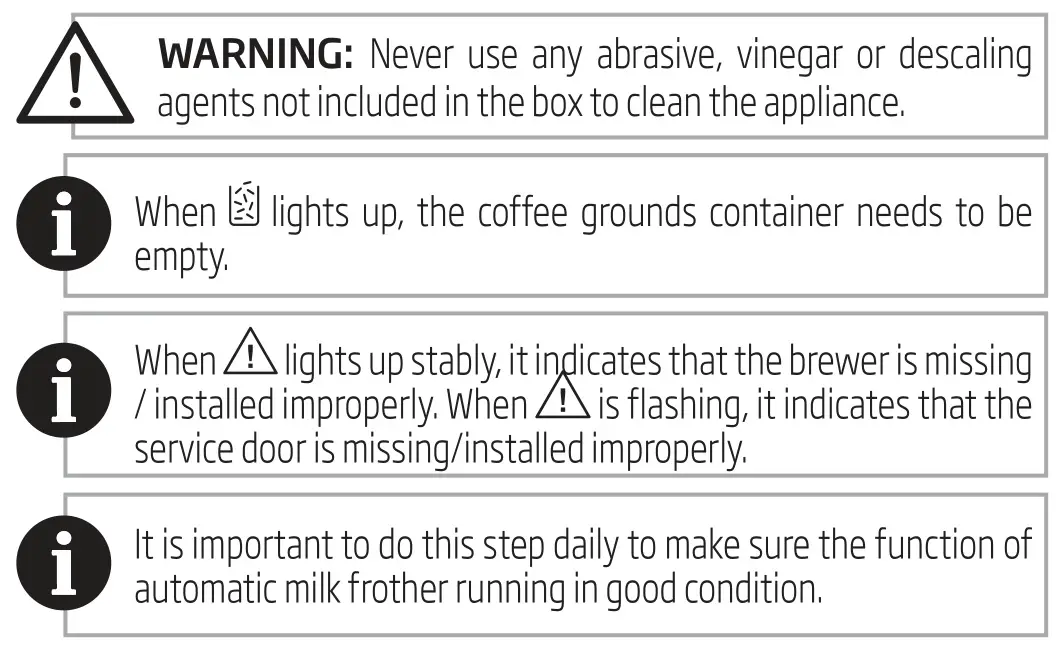 beko Fully Automatic Espresso Machine - Cleaning warnings