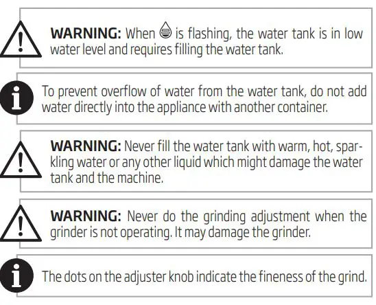 beko Fully Automatic Espresso Machine - Filling the water tank warnings