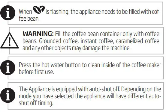 beko Fully Automatic Espresso Machine - Operation warnings
