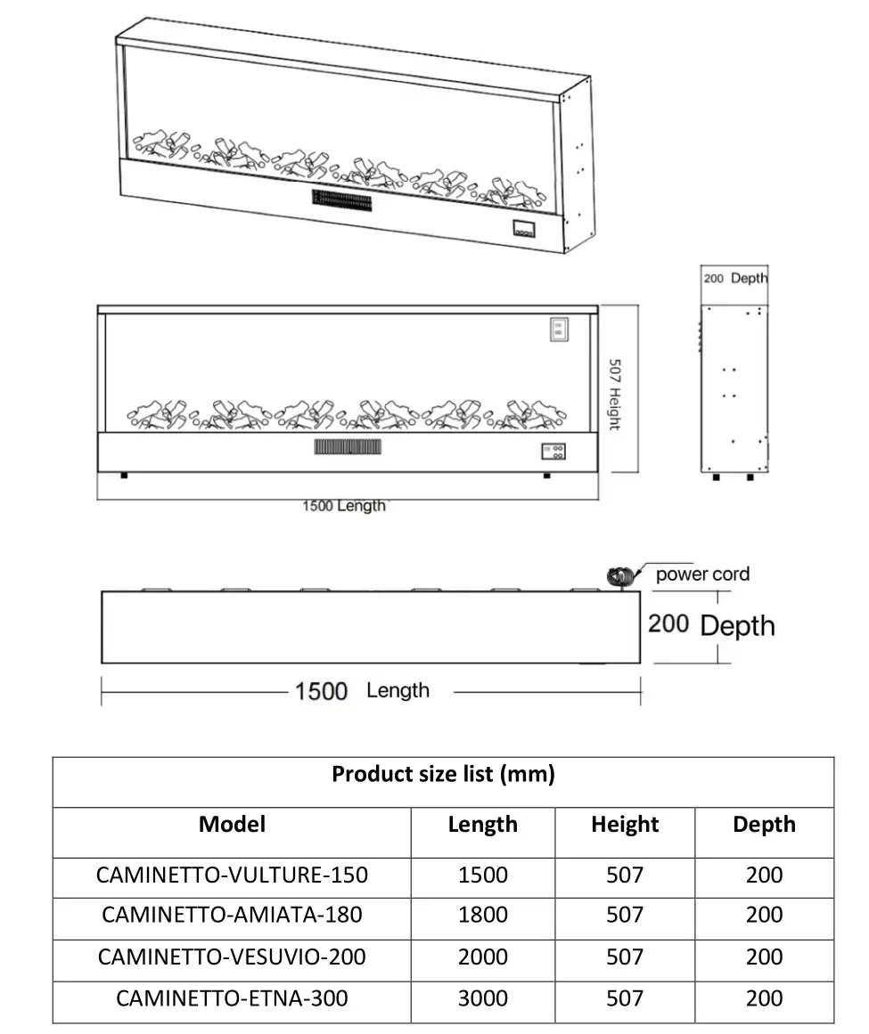 SINED CAMINETTO Series Electric Fireplace - Shape and Size (mm)