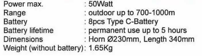 VONYX MEG050 952.010 50W Record Siren Microphone - TECHNICAL SPECIFICATION