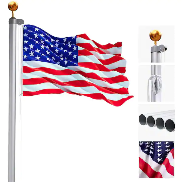 KINGDELY KF100216-01 20 ft. Sectional Flag Pole Kit in Silver Extra Thick Heavy-Duty Aluminum Flagpole Set with American Flag and Golden Ball-fig1