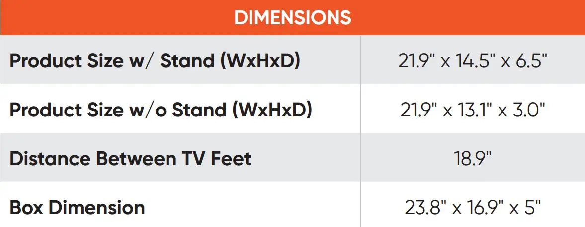 onn 100012590 24 inch 720P HD Roku TV - DIMENSIONS