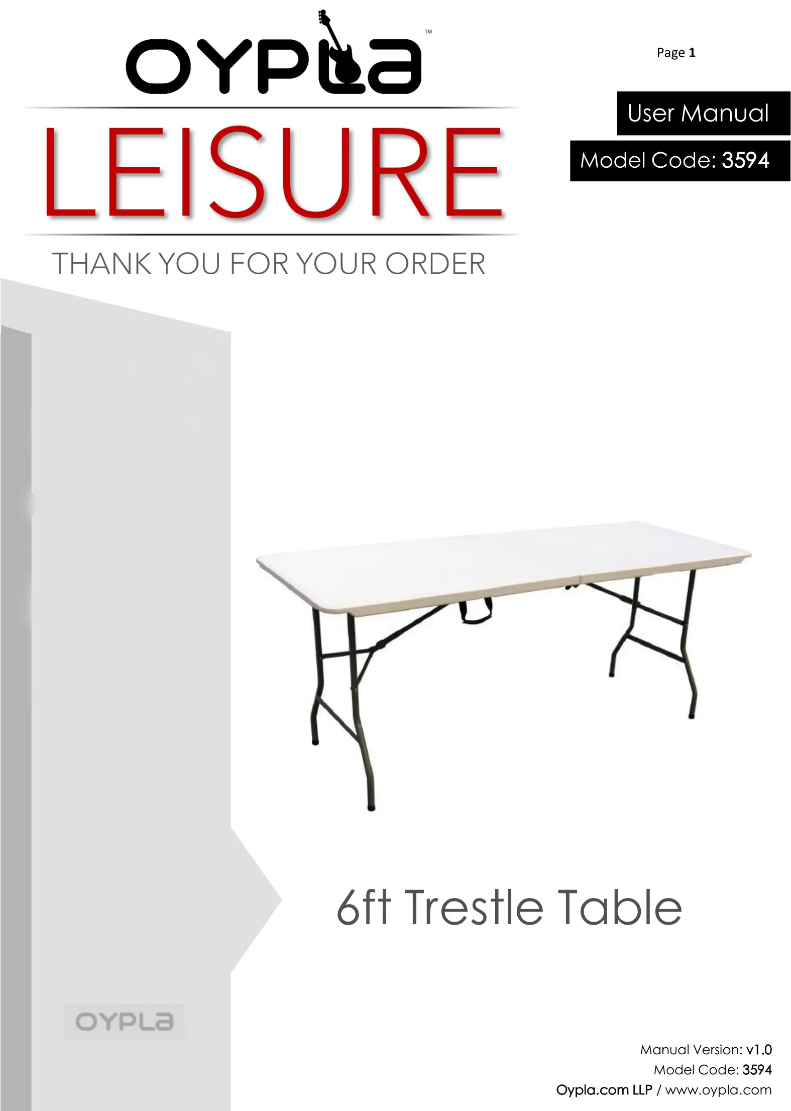 Oypla 3594 6ft Trestle Table User Manual