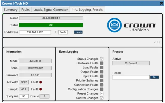 Info, Logging, and Presets Tab