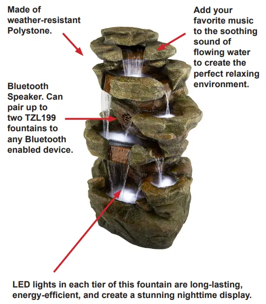 ALPINE TZL199 Rainforest Floor Fountain with LED Lights and Bluetooth Speaker - FEATURES