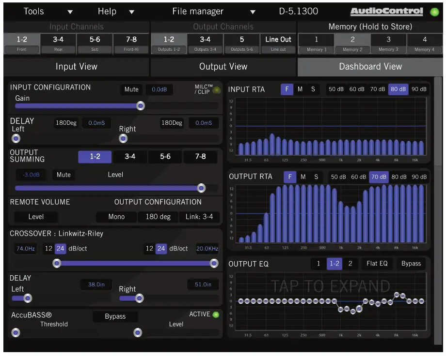 AudioControl D 5 1300 High Power Multi Channel Amplifier - Dashboard View