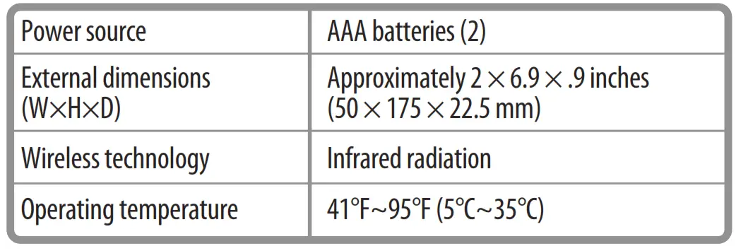 Media Remote - SPECIFICATIONS