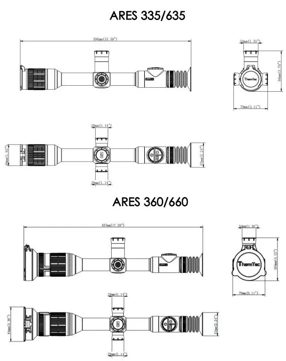 ThermTec ARES SERIES Ares 335 Thermal Sight User Manual - Dimensions