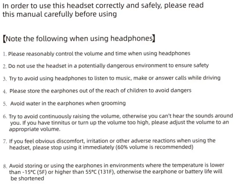 Shenzhen Joysun Electronics Enterprise X7 Open Wireless Headphones User Manual - Safety precautions